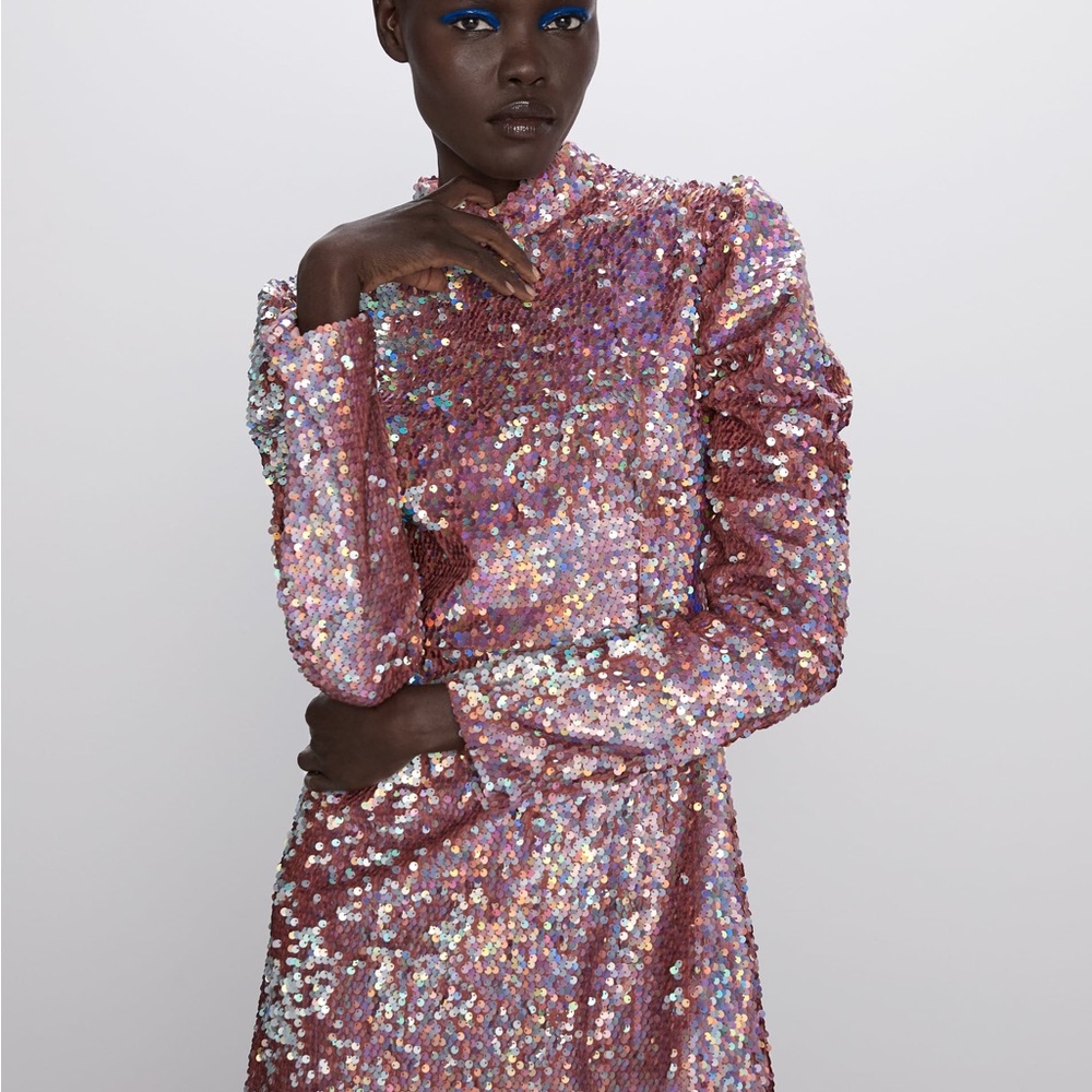 Zara Pink Sequin Sheath Dress with Bishop Sleeves